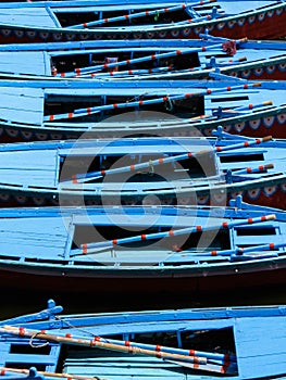 Row Boats Floating on the Ganges River in Varanasi, India