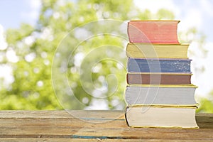 Row of books against nature background,