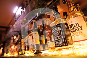 Row of bottles of alcohol in a bar or restaurant