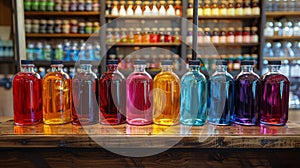 Row of Bottles Filled With Different Colored Liquids