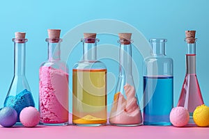 Row of Bottles Filled With Different Colored Liquids. Generative AI