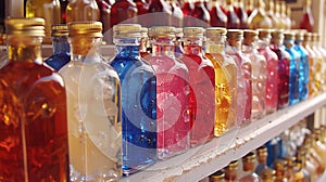 A row of bottles filled with different colored liquids on a shelf, AI