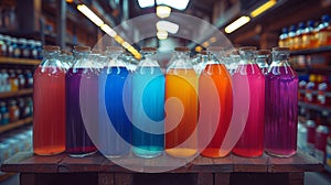 A row of bottles filled with different colored liquids on a shelf, AI