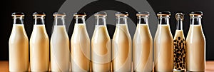 A row of bottles filled with milk sitting on top of a wooden table. Generative AI image.