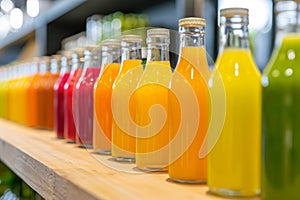 A row of bottles filled with various colored drinks, neatly arranged for display, Cold press juices in recyclable glass bottles,