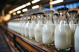 A row of bottles of milk on a conveyor belt.