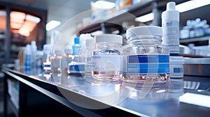 A row of bottles with pills, medicines and cosmetics sitting on top of a counter in pharmacy shop