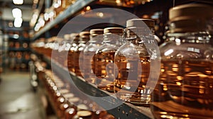 A row of bottles on a shelf with some empty ones, AI