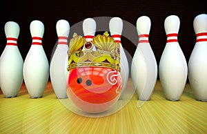 A row of bowling pins and a red bowling ball in a golden crown 3D render on a bowling alley