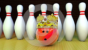 A row of bowling pins and a red bowling ball in a golden crown 3D render on a bowling alley 3d render