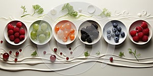 A row of bowls with different fruits and vegetables, AI
