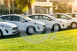 Row of brand new white cars in stock at the car dealership