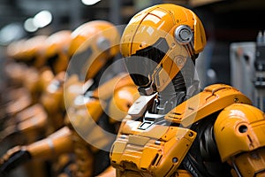 A Row of Bright Yellow Robot Suits Standing in Unity