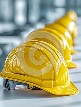 A row of bright yellow safety helmets neatly aligned on a white surface, symbolizing construction site safety and teamwork in