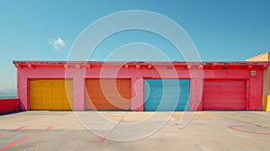 Row of Brightly Colored Garage Doors in Parking Lot