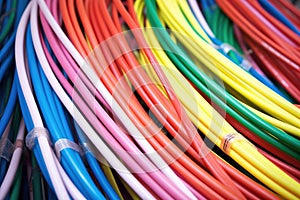 row of broadband cables close-up