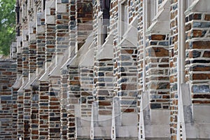 Row of brown and gray brick cathedral buttresses