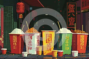 A row of buckets filled with popcorn lined up on a busy city street, ready to be enjoyed by passersby, A pixel art representation