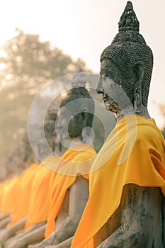 A row of Buddha statues peacefully seated at Wat Yai Chaimongkol, Ayutthaya, Thailand