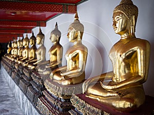 Row of Buddha Statues at Wat Pho Temple, Bangkok, Thailand