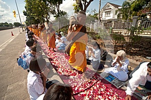 Row of Buddhist hike monks on street.