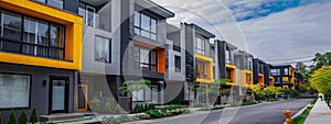 Row of buildings with sidewalk, urban design in neighbourhood under cloudy sky