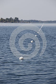 Row of buoys in sea