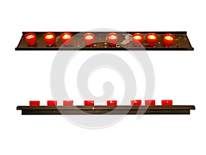 Row of burning yellow wax candles in red caps on metal shelf set of views isolated