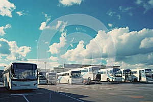 A row of buses parked in a parking lot.