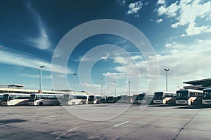 A row of buses parked in a parking lot.