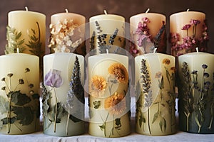 A row of candles with pressed flowers on them. Digital image.