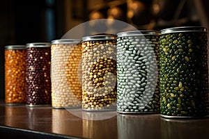 row of canned goods with focus on their unique textures