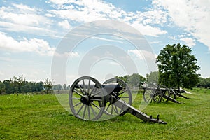 Row of Cannon Artillery Pointing over Landscape