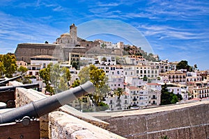 Row of cannon guns on top of the building in Ibiza Island, Spain