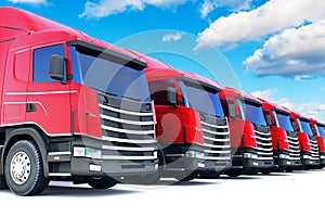 Row of cargo trucks against blue sky