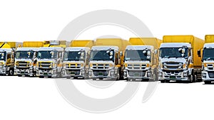 Row of Cargo vehicles. Freight transportation. Cargo truck park