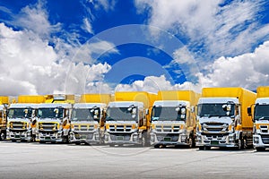 Row of Cargo vehicles. Freight transportation. Cargo truck park