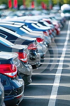 A row of cars are parked in a lot, with some of them being red