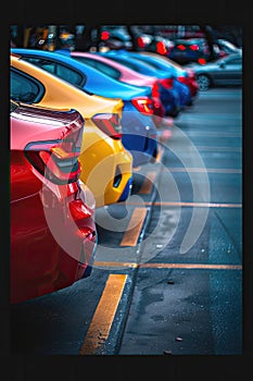 A row of cars are parked in a parking lot