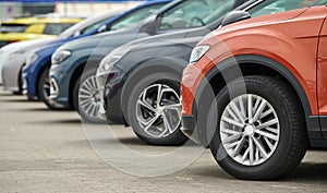 Row of cars. Rental services or buying and sale of used automobiles