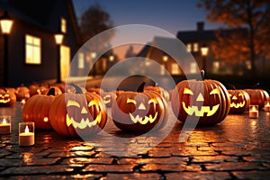 A row of carved pumpkins with lit candles in front of them. Generative AI image.