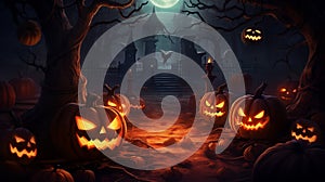A row of carved pumpkins sitting on the side of a road generative ai image