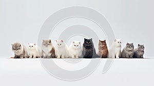 Row of cats on a white background