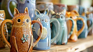 A row of ceramic mugs each one uniquely shaped and adorned with a different whimsical animal design.