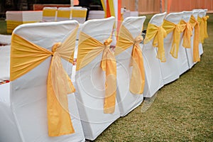 Row of chairs adorned with yellow sashes and bows, perfect for a celebratory occasion photo