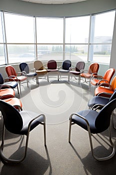 row of chairs in a circle for team meetings
