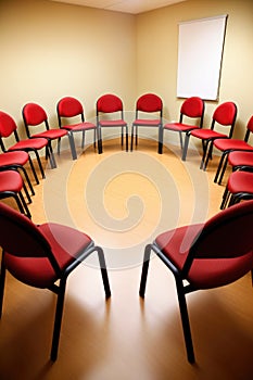 row of chairs in a circle for team meetings