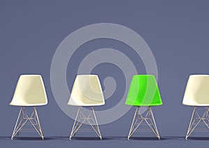 Row of chairs with one odd one out. Job opportunity. Business leadership. recruitment concept. 3D rendering