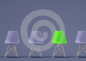 Row of chairs with one odd one out. Job opportunity. Business leadership. recruitment concept. 3D rendering