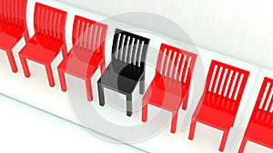 Row of chairs in red and black colors on white